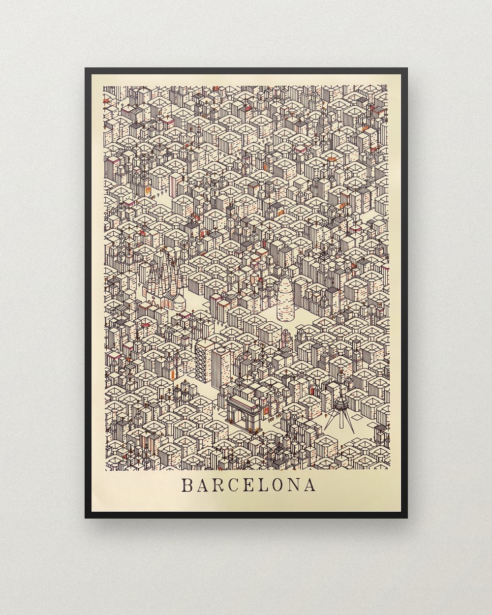 Barcelona: obra dibujada con pen plotter, Rotring Fineliner 0.4 (negro, naranja y rosa) y subrayador Bic amarillo pastel sobre Canson Mi-Teintes 160 g, color crema