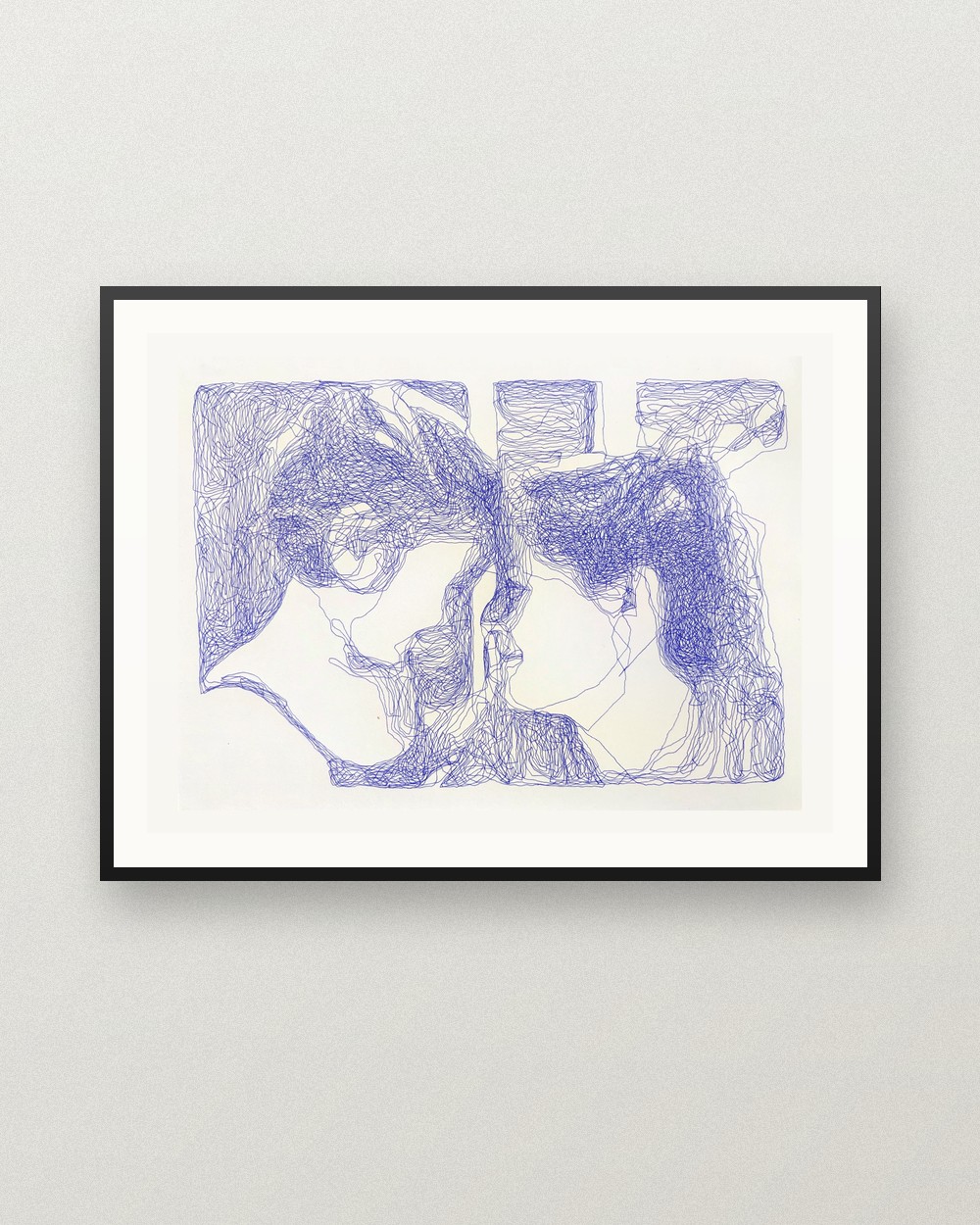 Frente a frente: obra dibujada con pen plotter, Boli Bic azul sobre Canson Bristol 90 g