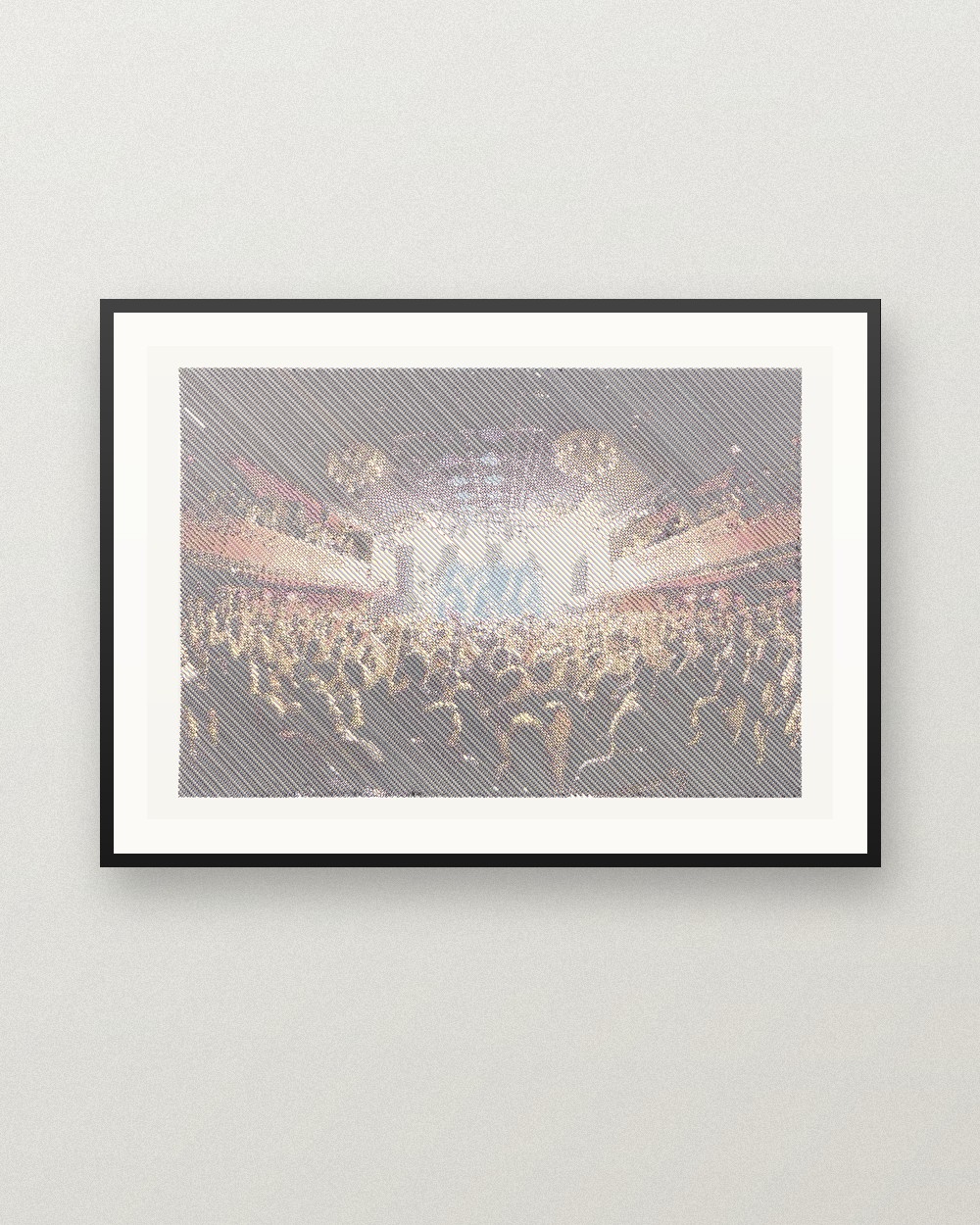 Sala Apolo: obra dibujada con pen plotter, Boli Bic 1.6 mm (cian, lila, amarillo y rosa) sobre Canson Bristol XL